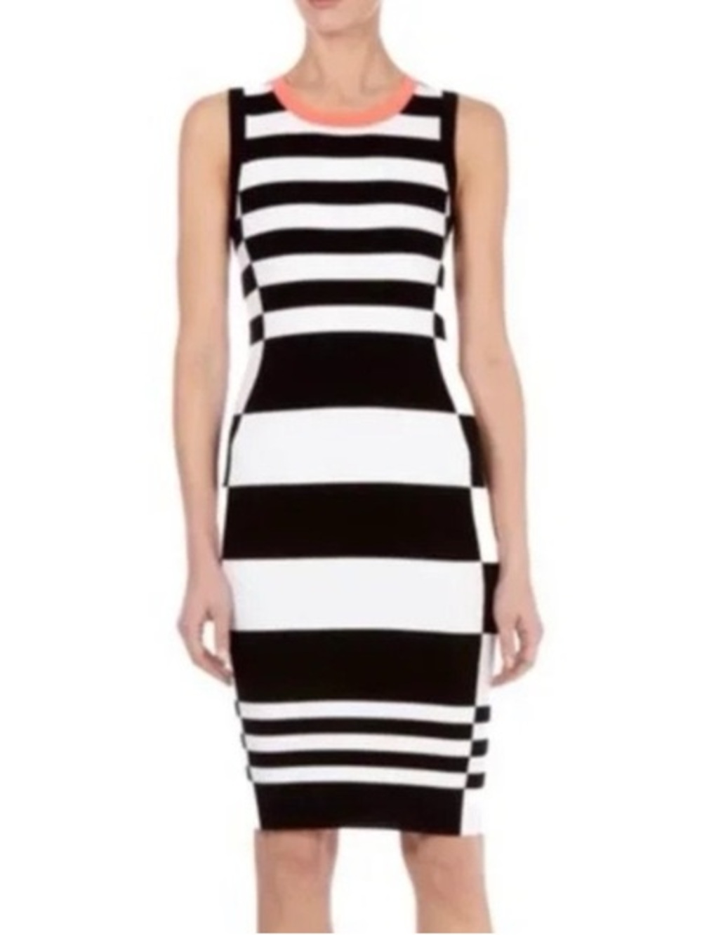 Karen Millen Black White Neon Orange Striped Checker Print Knit Midi Dress - 8
